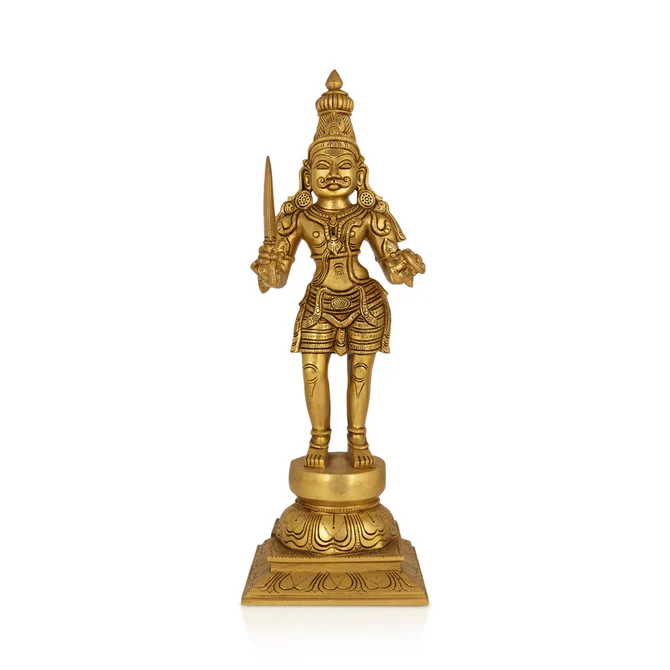 Madurai Veeran Standing On Base Murti - 20 x 6 Inches Antique Brass